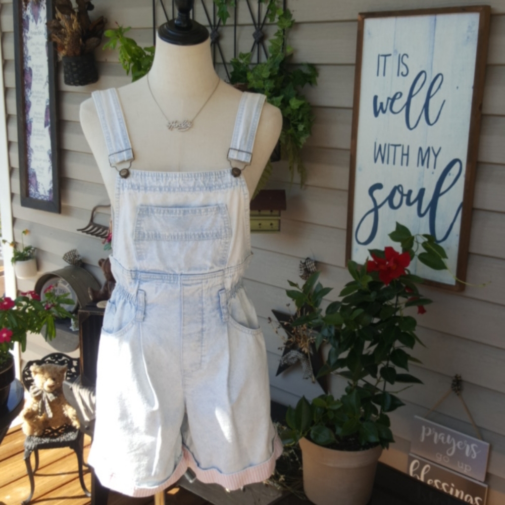 RIO ♡ Vintage Lt Blue Thin Hi-Elastic Waist Pink 'n White Stripe Hem Shortalls S
